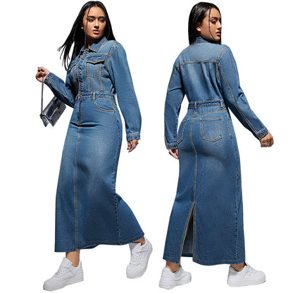 Women's Long Sleeve Lapel Button Split Long Dress